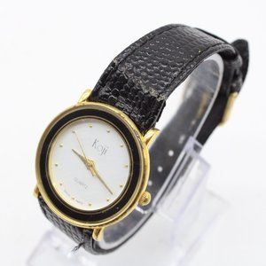 Vintage KOJI Watch Womens Gold Tone Steel Classic White Dial Leather Band